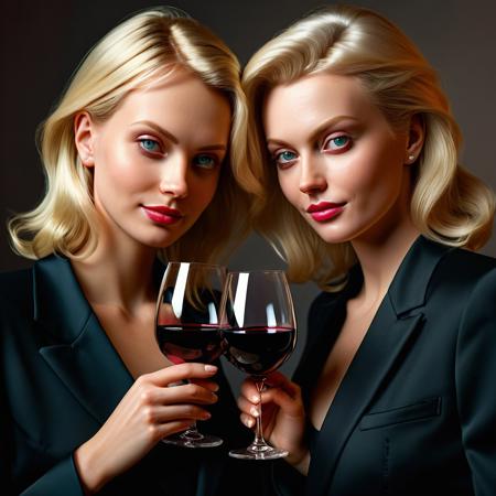 Portrait of two blonde women side by side with a glass of red wine, leaning on each other like good friends. Both looking at the viewer.