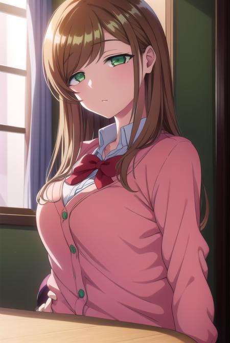 minakosanada, <lora:minakosanada-lora-nochekaiser:1>, 
minako sanada, long hair, brown hair, (green eyes:1.5),
BREAK long sleeves, bow, school uniform, bowtie, red bow, cardigan, pink cardigan,
BREAK looking at viewer,
BREAK indoors, classroom,
BREAK <lora:GoodHands-vanilla:1>, (masterpiece:1.2), best quality, high resolution, unity 8k wallpaper, (illustration:0.8), (beautiful detailed eyes:1.6), extremely detailed face, perfect lighting, extremely detailed CG, (perfect hands, perfect anatomy),