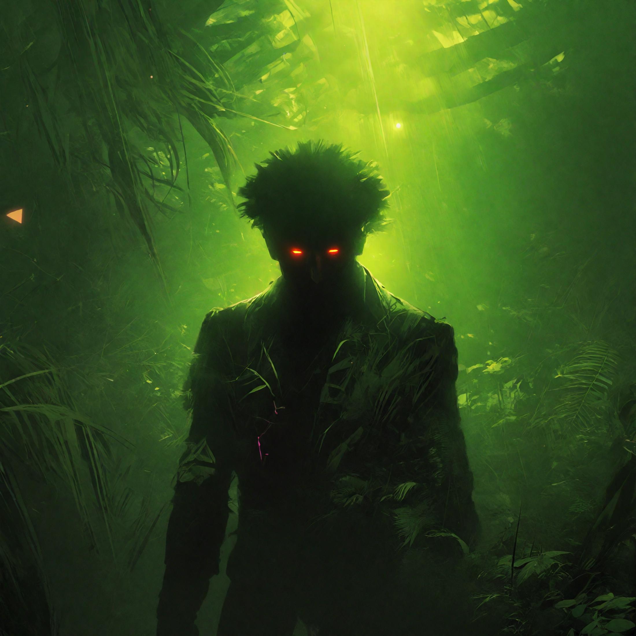 Green-lit scene of a man with glowing eyes.
