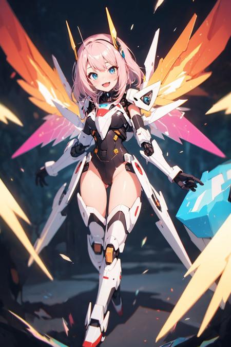 (masterpiece, best quality, chromatic aberration), (nude:0.5), Mecha girl, mecha wings, fangs, happy, abstract background, best eyes, light particles, flying, panty peek,