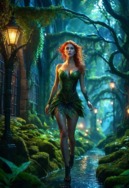 Ultra detailed digital art masterpiece Forest Elf woman dressed in a green moss and mini skirt in a brown leaves, running down the mysterious night street of the big dark fantasy Town, perfect lighting, elegant, unreal engine 5 nanite quality, mixed with dark elements, dark environment, very dark night, clean dark velour witch clothing, dark washed out eyeliner, no make up, natural face, realistic blue eyes, ultra detailed atmospheric details, beautiful glowing effects, sparkle effects, realistic body proportions, beautiful face proportions, complex masterpiece, wavy red hair, creative glowing detailed tattoos, complex physics, enhanced colors, complimentary colors, ultra detailed raytracing reflections, Ultra detailed complex background, environment feels alive, direct eye contact, dramatic lighting, wet and sweaty skin, beautiful firm Breasts, Concept art portrait by Greg Rutkowski