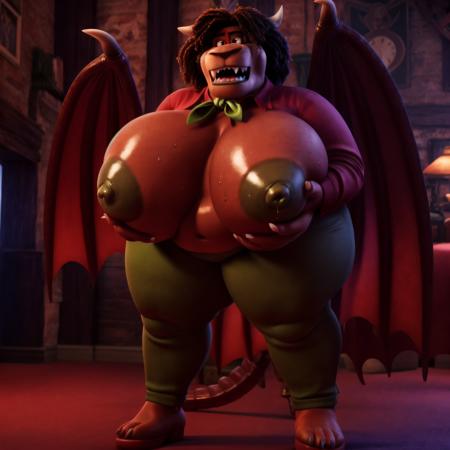large, female, Manticore, red shirt, blue vest, green scarf, green pants, red high heels, brown hair, brown fur skin, bat-like wings on her back, horns, scorpion tail