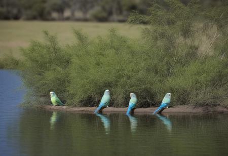 several parakeets on the edge of a lake drinking and bathing, background Australian bushes and meadows, very realistic photography