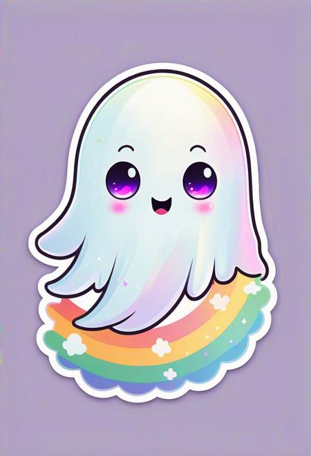Vector art sticker design, (Cute kawaii ghost with a vibrant rainbow motif:1.3), Flat color palette, Endearing facial features, Glowing eyes, Soft pastel hues, Whimsical charm, Playful demeanor, Rainbow accents for a pop of color and energy.