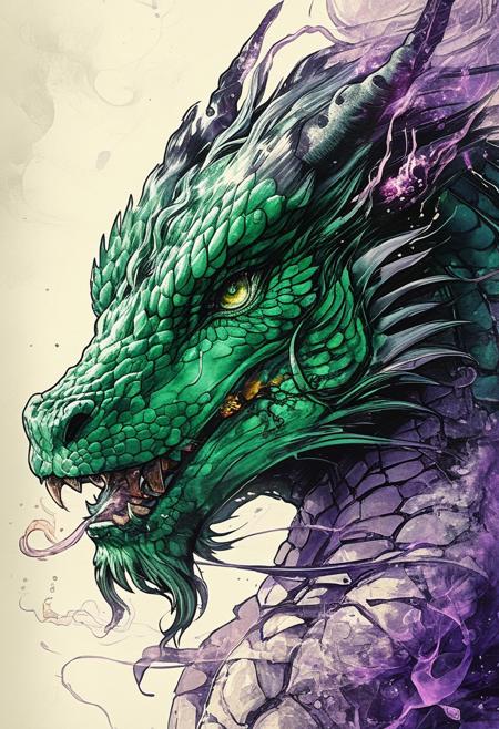 linquivera,  Ink illustration, (anime:0.5), aged paper, inkpunk, menacing, ferocious, emerald and amethyst theme, eastern dragon, OverallDetail, extremely detailed, UHD, (long exposure, dystopian but extremely beautiful:1.4)