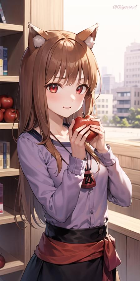 1girl, animal ears, apple, brown hair, food, fruit, holding, holding food, holding fruit, long hair, red eyes, solo, wolf ears, wolf girl,purple shirt, upper body, pouch, <lora:holo_locon_v1a:0.8>