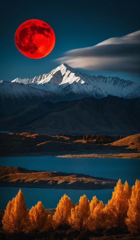 A breathtaking shot of a large full red moon rising behind the mountains at lake tekapo in autumn in new zealand, captured in a macro shot in a dark full of mysterious clouds, incorporating elements that embody the spirit of optimism and possibility infusing a sense of hope; settings: f/10 aperture, 30 sec shutter speed, ISO 200, using a full frame camera with a telephoto lens, from a low angle with the warm tones of the golden hour., <lora:add-detail-xl:1>, <lora:SDXLHighDetail:0.5>