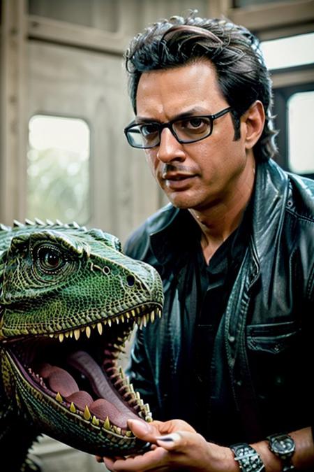 Jeff, glasses, half body, holding a dinosaur pet, photography, trending on artstation, sharp focus, studio photo, intricate details, highly detailed, by greg rutkowski   <lora:Jeff:0.7>