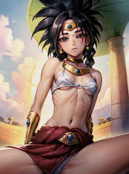 ((small breasts:1.6)),beautiful asian girl,  (original: 1.2), (realistic: 1.3) (mixed Korean), beautiful girl with beautiful details, extremely detailed eyes and face, eyes with beautiful details, absurd, incredibly absurd, huge file size, ultra detail, high resolution, ultra detailed, best quality, masterpiece, illustration, ultra detailed and beautiful, ultra detailed, CG, unity, 8k wallpaper, amazing, fine Detail, masterpiece, top quality, official art, extremely detailed CG unity 8k wallpaper, cinematic lighting, (perfect shiny skin:0.6), slim and smooth lines, (floating),(spread legs:1.4),
<lora:girlbroly-08:0.6>,1girl, solo, solo focus, ),  black hair, twin braids, ((red skirt)), gold headband front, golden necklace on the chest,gold bracelet with gems, (black crop top),   white pants,