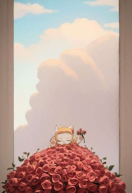 score_9, score_8_up, score_7_up, a photo of webby vanderquack who is a cute anthro kitten sleeping on a cloud, surrounded by roses, eyes closed, cozy, high quality, an award winning photo for le magazine, poster, horror story style, rosifex, furrification, pawpads, clothed_animal, :3