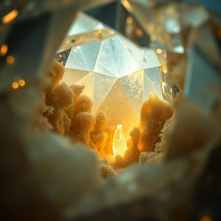A cinematic extreme macro view plunging into the core of a mystical gemstone, revealing an impossible, surreal landscape within its facets. A miniature, forgotten nebula of soft, swirling stardust glows with an ethereal, dreamy light, illuminating crystalline structures like lost architecture. Mysterious, soft god rays pierce through a gentle haze, creating an atmosphere of profound and silent wonder, as if looking into a captured dream.