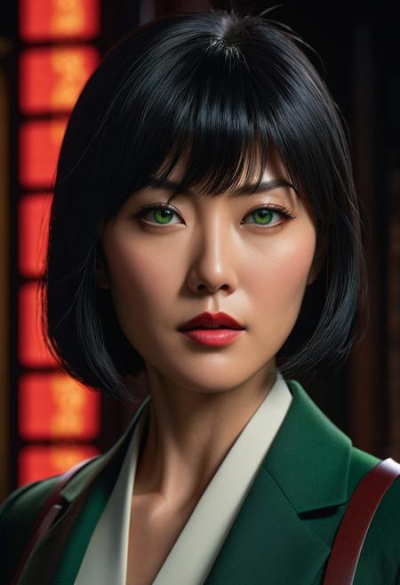 Hyper-realistic concept art. Close-up portrait. A Japanese female detective in her mid-forties with short, cropped, sleek black hair and bangs, green eyes, professional attire, a long pointed face, and a slender build. Deep color. Vibrant, yet muted lighting. Green and red accents. Dark atmospheric shadows. Detailed fabrics. Best quality, a masterpiece, fantasy concept art, detailed matte painting, Unreal Engine 5, Artstation trending, 8k resolution, intricate detail, complementary colors, cinematic.