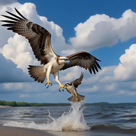 osprey eagle in flight rushing into the sea with a captured fish, blue sky background with cumulonimbus cloud, photography very realist