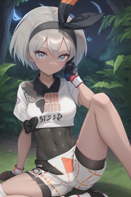 masterpiece, best quality, highres,  <lora:BeaPokemon:1>, 1girl, solo, shorts, bodysuit under clothes, hairband, bodysuit, short sleeves, single glove, shirt, black hairband, print shirt, black bodysuit, collared shirt, looking at viewer,  closed mouth, bow hairband, outdoors, forest, (night:1.3), sitting, jungle,