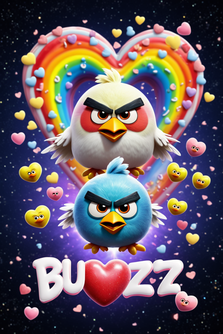 lazympos,a cute Angry Birds made from candyhearts,<lora:lazympos:1>,<lora:crowd_notrigger:0.7>,<lora:add-detail-xl:1>,breathing rainbows,magic,sci fi,energy,text "buzz me",<lora:Candyhearts-15:0.7>,(outer space background) . Professional,modern,masterpiece,super realistic,highly detailed