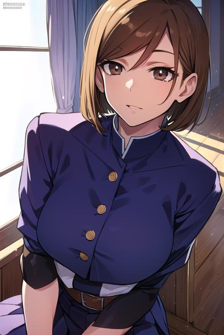 nobarakugisaki, <lyco:nobarakugisaki-LYCORIStest:1>,
nobara kugisaki, bob cut, (brown eyes:1.5), brown hair, lips, short hair,
BREAK belt, brown belt, brown pantyhose, crop top, crop top overhang, jujutsu tech uniform, pantyhose, pleated skirt, shirt tucked in, skirt, blue skirt, blue crop top,
BREAK looking at viewer,
BREAK indoors, classroom,
BREAK <lora:GoodHands-vanilla:1>, (masterpiece:1.2), best quality, high resolution, unity 8k wallpaper, (illustration:0.8), (beautiful detailed eyes:1.6), extremely detailed face, perfect lighting, extremely detailed CG, (perfect hands, perfect anatomy),