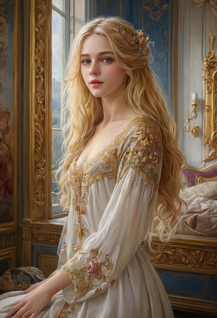 oil painting , (full body:2),
 Amazing maiden, long flowing blonde hair, sexy atmosphere, beautiful background fantasy French boudoir, 
 focus eyes, masterpiece, high detail, 8k, intricate, detailed, high resolution, high res, high quality, <lora:add-detail-xl:1.8>, highly detailed, Extremely high-resolution details, fine texture,
 <lora:eye_catching:1>