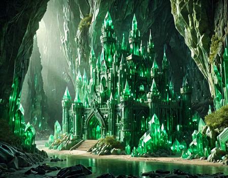 emeraldmorph, a fairy tale castleinside a crystalline cave, glowing green <lora:EmeraldMorph:1>