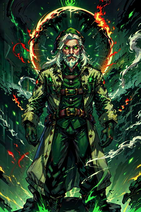 AiOverlordSanta, solo, long hair, looking at viewer, gloves, 1boy, hat, green eyes, standing, white hair, male focus, coat, glowing, facial hair, fire, glowing eyes, beard, smoke, mature male, mustache, old, green theme, old man, santa costume, internet style, <lora:DuskAiOverlord:0.5>