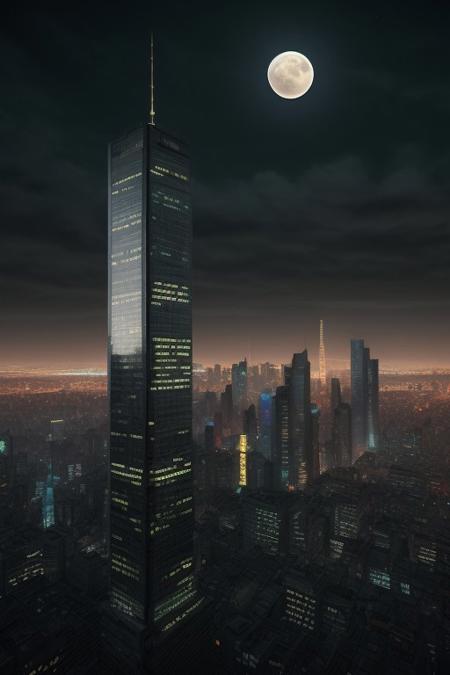 scenery, a large and ominous skyscraper towers over a cyberpunk cityscape that stretches out beyond the horizon, night sky, full moon, masterpiece, best quality, intricate detail, absurdres, chromatic aberration, depth of field, professional photography, soft lighting, tone mapped, highly detailed, sharp focus, dramatic lighting, intricate details, cinematic, 8K, incredible shadows, realistic, (highly detailed background:1.0)