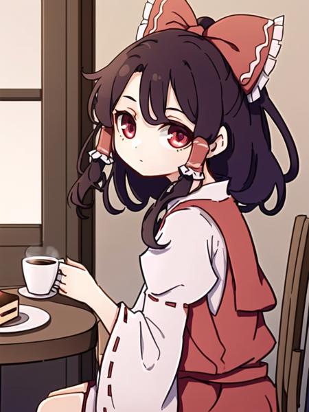 Masterpiece, best quality, best work, beautiful face, from side, morning, French cafe, sitting at a table, table, plate with cake, cake, books on table, ornate wallpaper, chair, indoors, drinking coffee, holding coffee cup, (touhou), (reimu hakurei), red dress, red bow, purple hair, grey eyes, red lipstick, (14 year old girl), small breasts, youthful skin, textured skin, detailed eyes, dramatic light, flowing hair, colorized, colorful, single braid, gold dust, dust,