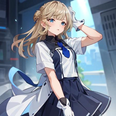 1girl, solo focus,
RangerKC, (blue and white)_two-tone dress, (blue skirt), short sleeves, blue necktie, white gloves, pantyhose, side braids, 
BREAK, oblique portrait view,
 <lora:Ranger-10:0.9>