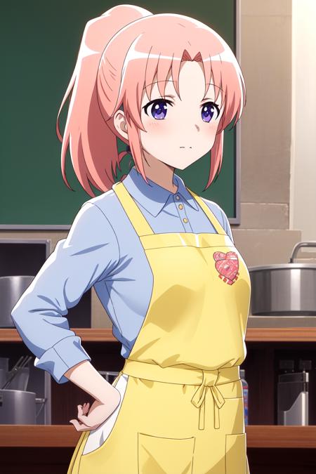 Yonomori Kobeni,upper body, ponytail, apron, hands on hip,