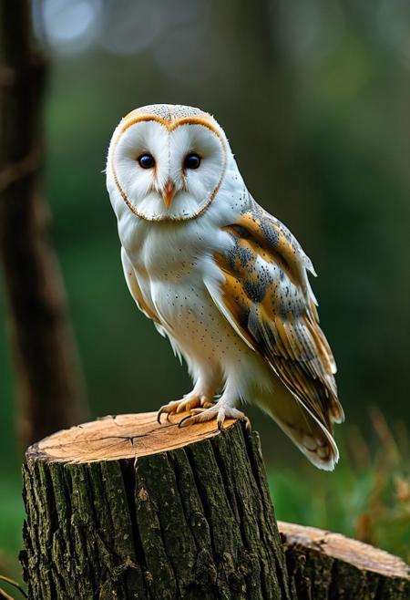 a detailed image of a barn owl perched on a tree stump against a dark, blurred background. The owl should have large, bright yellow eyes with black pupils, a sharp beak, and brown and white feathers with a few white spots. The bird's posture is upright and alert, with its head slightly tilted, giving it an inquisitive look. The tree stump should have rough, textured bark, and the background should be dark green, providing a natural and subtle contrast to highlight the owl. The overall atmosphere should be calm and focused on the owl's striking features.