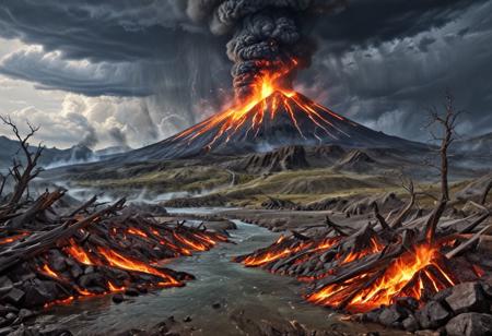 Generating an image model of exceptional quality, showing the diversity and beauty of Earth's landscapes, as well as the power and majesty of natural disasters. The image should combine the four elements: earth, fire, water and air, in a balanced and aesthetic way.
Items:
Land: Mountains, forests, plains, deserts, caves, volcanoes.
Fire: Forest fires, volcanic eruptions, lightning, meteorites.
Water: Oceans, lakes, rivers, waterfalls, storms, tsunamis.
Air: Clouds, lightning, tornadoes, hurricanes, northern lights.
Composition:
Balance: The four elements should be presented in a balanced way, with none dominating the others.
Contrast: There should be contrast between different elements to emphasize the beauty and drama of the image.
Focal Point: The image should have a clear focal point that draws the viewer's attention.
Depth: An image should have a sense of depth to create a sense of space and scale.
Techniques:
Photorealism: The image should be photorealistic to capture the true beauty and power of nature.
Detail: The image should be detailed enough to see the different elements of the landscape and the cataclysms.
Lighting: Lighting should be used skillfully to emphasize the beauty and drama of the image.
Colors: Colors should be vibrant and realistic to capture the emotional power of nature.
Sample models: