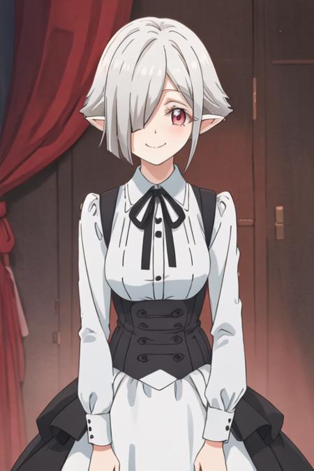 best quality, masterpiece, highres, solo, {perusepone2shi_jashinchandropkick:1.15}, short_hair, pointy_ears, hair_over_one_eye, grey_hair, red_eyes, white_hair, ribbon, smile, 1girl, shirt, looking_at_viewer, upper_body, white_shirt