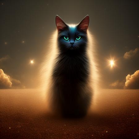 Oldjourney A mystical spirit cat, an otherworldly mist surrounding it, a vortex of sparkling black and silver sand surrounding it, magical, eerie, noir lighting, stars in the sky, ethereal, grunge, dream, sandman, surreal, Rembrandt art style, artstation, dark atmosphere, 8k