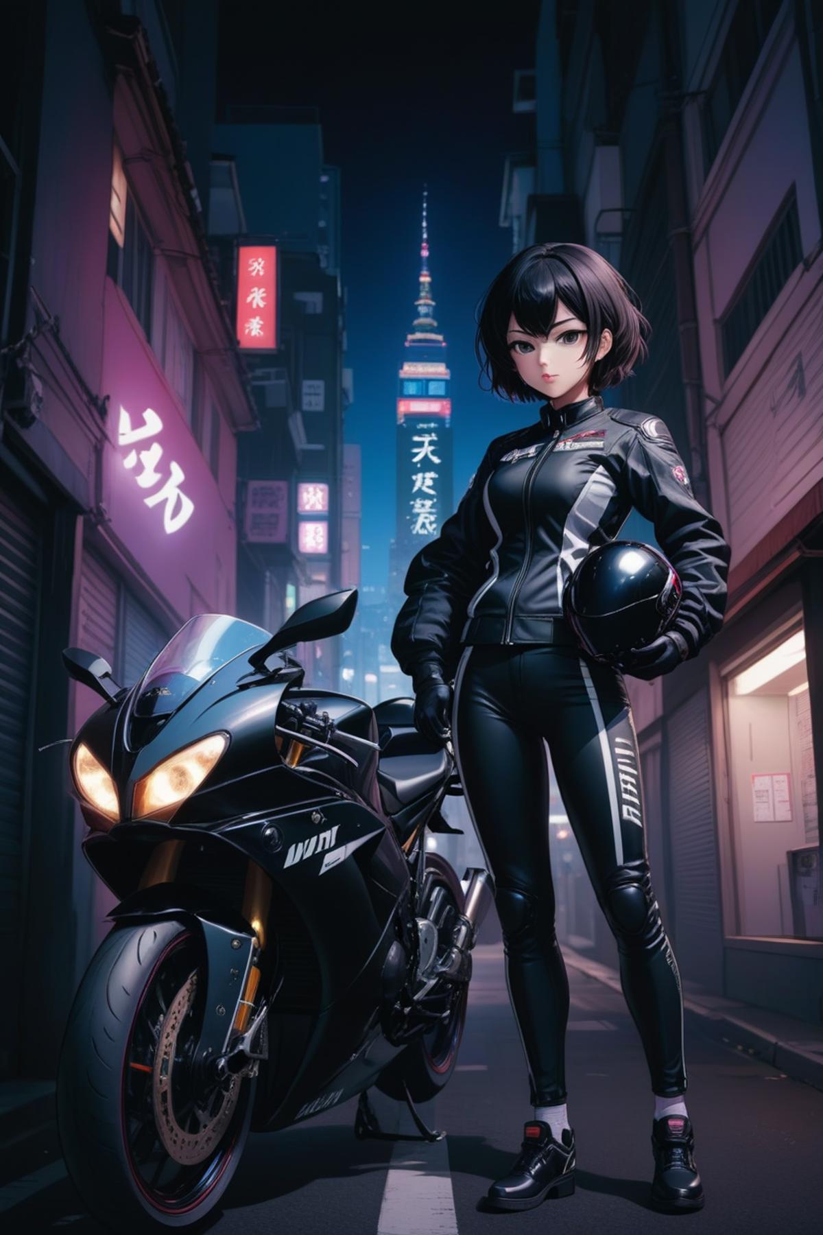 Anime-style girl standing next to a black motorcycle in a city street.