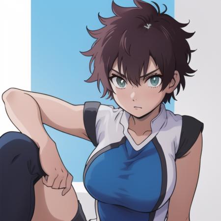 <lora:hanebado-05-v3:1>, h4n3b4d0, blue and white outfit, dark short hair