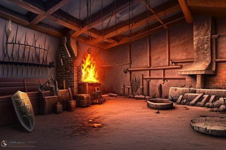 RAW photo, (masterpiece:1.3), subsurface scattering, heavy shadow, (high quality:1.4), (intricate, high detail:1.2), professional photography, HDR, High Dynamic Range, realistic, ultra realistic, photorealistic, high resolution, film photography, ambient lighting, atmospheric effects, <lora:detail_slider_v4:2>, OverallDetail,  <lora:Fantasy_Interior:1>, fantasy, medieval, armory, weapon, shield, armor, smithy, faninter, fire, indoors, fire, no humans, scenery,