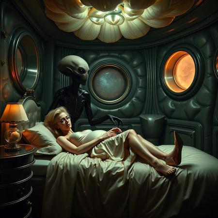 Terrified blonde secretary, clad in a  1950slong delicate silver silk slip, her glasses askew, pregnant, hands tied to headboard,   laying in weird alien   bed under lush slime flower canopy, reflecting the faint glow of the elegant alien lord wife  boudoir. Glossy fluffy  high heels a stark contrast to her distress, as a towering, human-like alien in a glossy black slime  robe looms over her, its long fingers caressing her  pregnant body. The walls appear to be alive, covered in a pulsing, iridescent slime, while giant observation portholes gaze in like empty eyes, as if the very darkness of space itself is watching this horrific scene unfold. Inspired by the dark, industrial sci-fi of H.R. Giger, the eerie, atmospheric lighting of Zdzisław Beksiński, and the surreal, biomechanical nightmares of Francis Bacon.