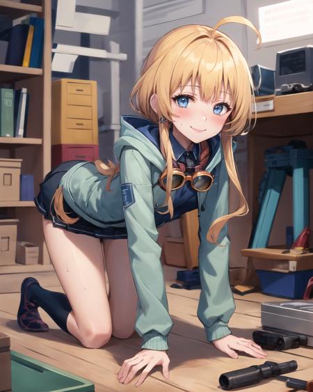 best quality, (masterpiece:1.2), illustration, absurdres,
(1girl, solo), (beautiful detailed girl),
<lora:Tita:0.9>, Tita Russell, blue eyes, blonde hair, long hair, ahoge, small breasts, flat chest, petite,
goggles on neck, green hoodie, blue shirt, miniskirt, black socks, red shoes,
inside workshop, mechanical workshop, inside factory, tools, machinery, robot workshop, working, sweat, engineer, intricate detailed workshop, stained clothes, oil stains,
looking at viewer, smile, blush,
((all fours)), (upper body, portrait),