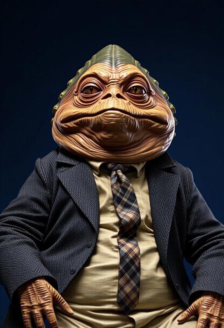 ​A studio shot hyper-realistic portrait of a Jabba the HUTT alien. He is sat in a dark tweed country jacket, cream shirt and tartan tie against a dark blue backdrop. He looks directly toward the camera. Professional studio portrait photography with classic portrait lighting and shallow depth of field against a seamless backdrop.