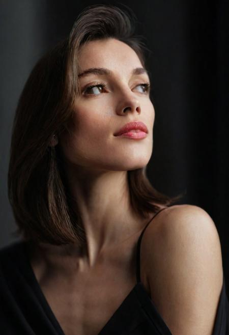 A woman with shoulder-length hair poses elegantly, partially covering her bare chest with one arm. She gazes thoughtfully into the distance, her lips slightly parted. Soft, natural lighting highlights her smooth skin and delicate features, while a dark, blurred background adds depth to the composition.