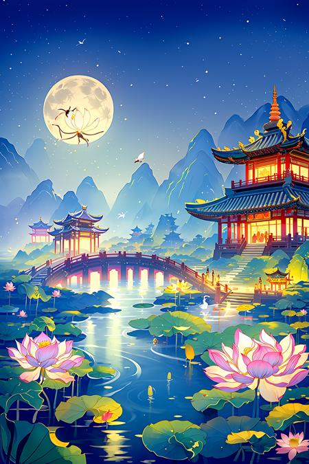 masterpiece,best quality,guochao\(style\), moon, bird, flower, full moon, water, east asian architecture, scenery, architecture, lotus, night, 1girl, lily pad, sky, building <lora:guochao-000006:0.7>,