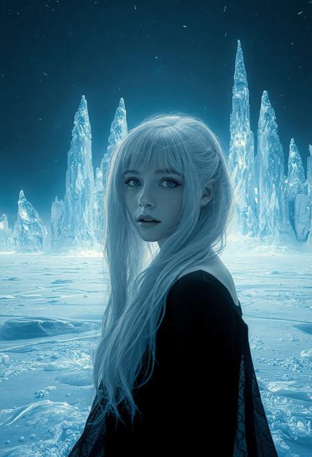 Cinematic Concept Art. goth woman white hair,alien glacier, shimmering ice formations, surreal blue hues, otherworldly landscapes, sparkling frost, towering ice spires, cold environment, ethereal light, vast frozen expanse, extraterrestrial beauty, fine art photography, conceptual expression, evocative imagery, artistic interpretation, emotional resonance, creative composition, professional lighting, exquisite detail, immersive experience, storytelling through imagery, conveying mood,  unique perspective, thought-provoking concept, capturing beauty, transcending reality surreal photography, dreamlike imagery, subconscious exploration, bending reality, imaginative narratives, juxtaposing elements, evoking wonder and awe, transcending boundaries, challenging perceptions, fantastical landscapes, otherworldly atmospheres, abstract 3D render, abstract 3d art, imaginative design, dynamic lighting, immersive presentation, captivating visuals, high-quality rendering techniques, innovative concept, unique aesthetics, creative compositions, visually stunning results, volumetric, 4k,