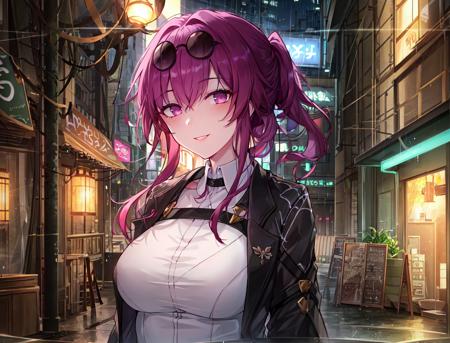 ((masterpiece)), kafka hsr, 1girl, solo, long_hair, breasts, looking_at_viewer, smile, bangs, shirt, gloves, long_sleeves, purple_eyes, jacket, white_shirt, ponytail, purple_hair, parted_lips, white_gloves, sunglasses, eyewear_on_head, smoke, rain

masterpiece, best quality, high quality, absurdres, shiny skin, colorful, dynamic pose, stunning art, best quality, hyper detailed, dynamic angle, beatlful detailed, reflective hair, good lighting, ray tracing, depth of field, ultra-detailed, illustration, Amazing, fine detail, extremely detailed, ((ultra-detailed)), (beautiful detailed girl), beautiful detailed glow, intricate detail, highres, an extremely delicate and beautiful, beautiful detailed eyes, realistic, hdr, rounded eyes, detailed facial features,

(illustration), (beautiful detailed eyes), ((very detailed face)), depth_of_field, eyebrows_visible_through_hair, frills, looking_at_viewer, outdoors, (upper body:1.4),

clothes reflecting light, (light diffraction on skin: 1.35), (glossy skin: 1.55), (Iridescence Effect: 1.55),

(alleyway, night, neon lights, dimly lit, sign:1.5),

critical angle, thick thighs,