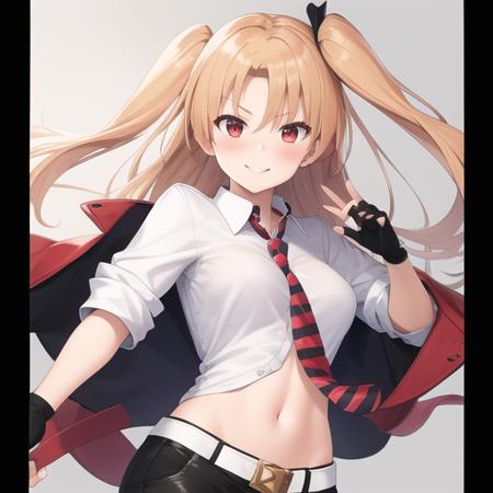 (masterpiece, best quality1.2),illustration,8k,hd,1girls,solo,upper body,(portrait:1.2),blonde_hair,long_hair,one_side_up,red_eyes,bangs,smile,blush,collared_shirt,jacket,necktie,shirt,short_sleeves,white_shirt,black_jacket,gloves,open_clothes,open_jacket,striped,red_striped_necktie,white_gloves,belt,black_shorts,breasts,navel,red_necktie,short_shorts,shorts,hair_ribbon,midriff,fingerless_gloves,ribbon,black_ribbon,star_\(symbol\),thighs,<lora:cleveland-μ>,