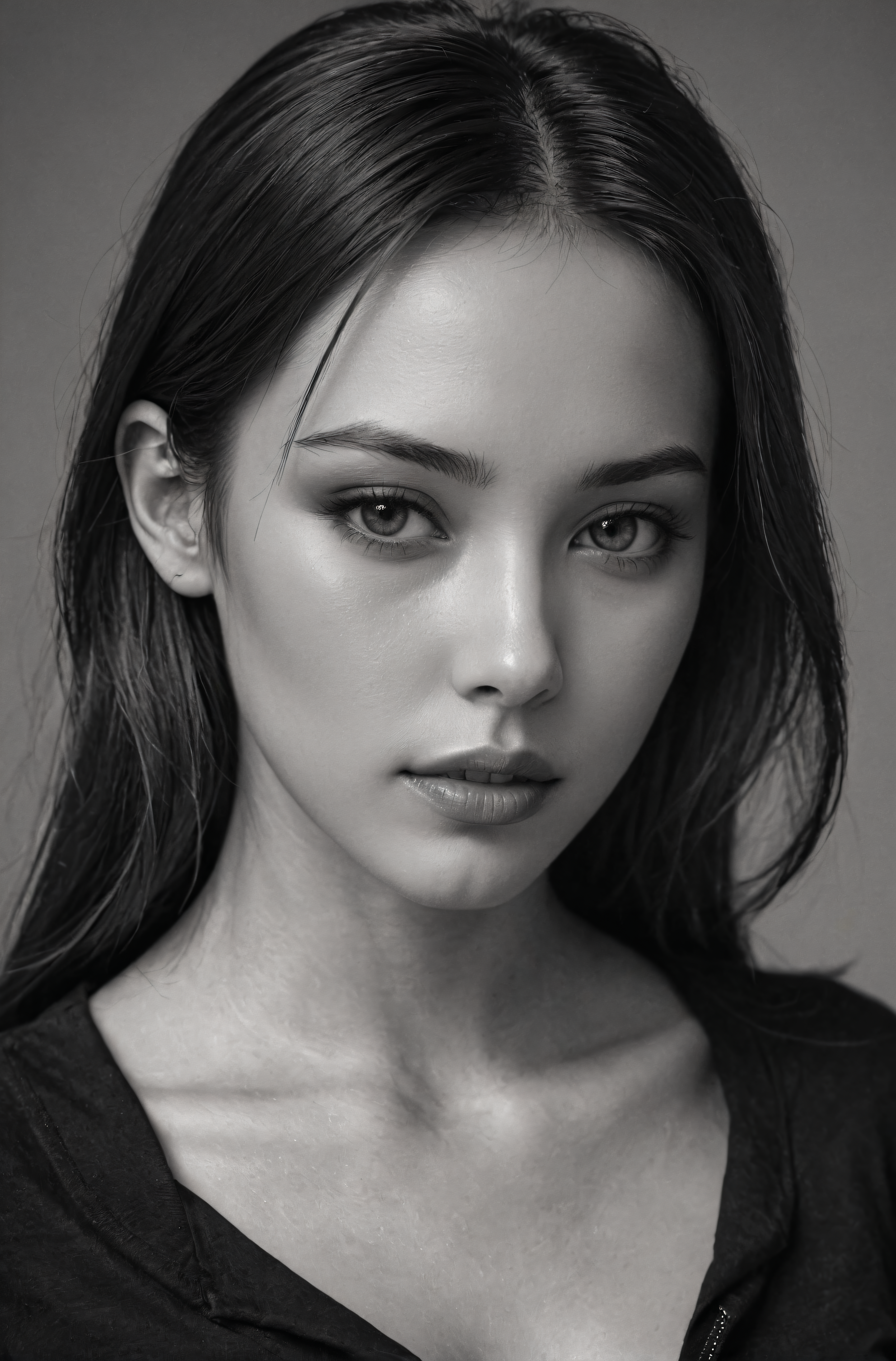 1girl, beautiful, smooth skin, greyscale, close-up, black clothes