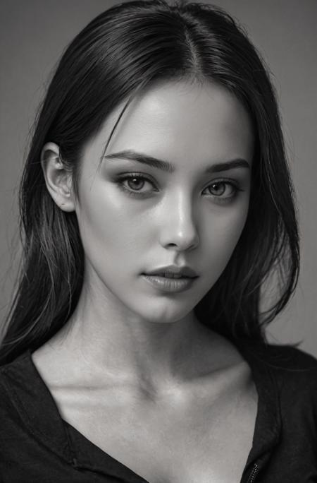 1girl, beautiful, smooth skin, greyscale, close-up, black clothes