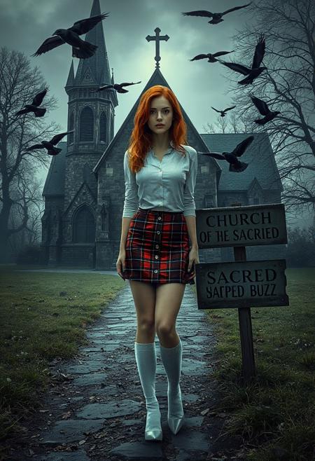 (masterpiece, ultra-detailed, high-resolution, cinematic lighting, photorealistic).
A hot redhead woman in red plaid skirt, white button down shirt, knee high white socks,  sexy body, cute face, is standing in front of an old gothic church, ravens flying around:0.8, mystery and dark:0.8, horror, foggy, old sign on pathway to church says “CHURCH OF THE SACRED BUZZ”:2.5,