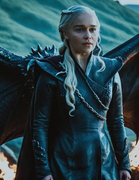 high resolution photo full body shot of dae woman with long braided white hair,she is wearing dragonstone queen costume and she is standing outdoor in front of a big dragon,the scene is dark and it's taken at night,natural lighting and extreme bokeh,film grain,the background is super detailed,the shot is cinematic