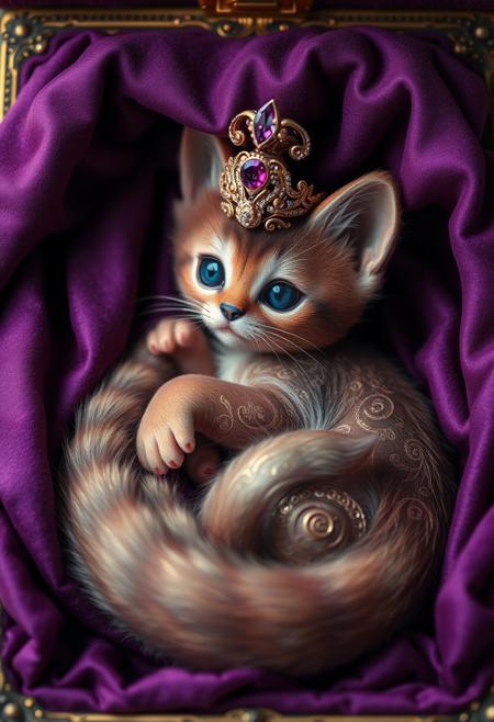 "In a velvet-draped, gemstone-encrusted box, a windup toy kitten lay coiled, its fur a tapestry of twilight hues: amethyst, rose, and smoke. Intricate, swirling patterns danced across its body, etched in silver and gold, like the whims of a mad calligrapher. A delicate, crystal-encrusted crown perched atop its head, casting a kaleidoscope of colors across the surrounding shadows. As the key was turned, the kitten's sapphire eyes would flash, and it would unfurl, its mechanical limbs unfolding like a lotus, releasing a whispered serenade of tinkling chimes and silken music." highest-Quality, intricate details, visually stunning, Masterpiece