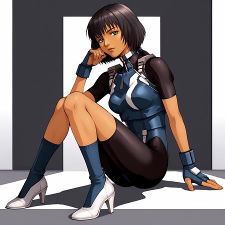 FeiyenNuur,1girl,black hair,bob cut,low ponytail,green eyes,dark-skinned female, bodysuit,leotard,short_sleeves, socks,high_heels,