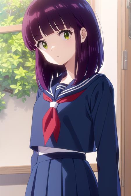 shinobumiyake, <lora:shinobu miyake s1-lora-nochekaiser:1>,
shinobu miyake, long hair, bangs, purple hair, (green eyes:1.5),
BREAK shirt, long sleeves, school uniform, serafuku, sailor collar, neckerchief, red neckerchief, shirt, blue shirt, blue sailor collar, blue skirt,
BREAK indoors, classroom,
BREAK looking at viewer, (cowboy shot:1.5),
BREAK <lyco:GoodHands-beta2:1>, (masterpiece:1.2), best quality, high resolution, unity 8k wallpaper, (illustration:0.8), (beautiful detailed eyes:1.6), extremely detailed face, perfect lighting, extremely detailed CG, (perfect hands, perfect anatomy),