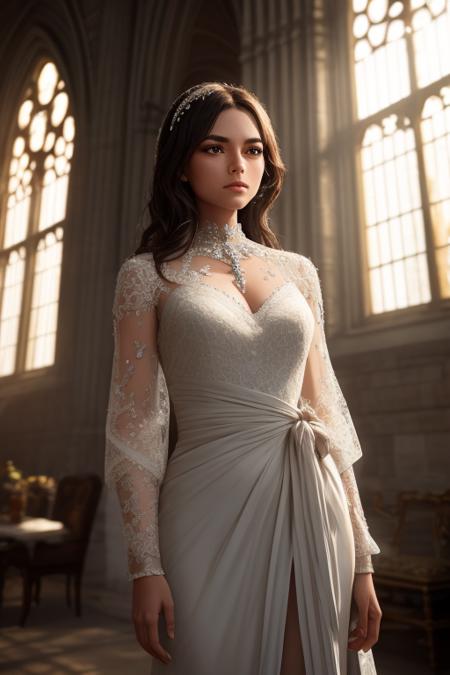 woman, delicate and beautiful, dark brown hair, layered hair, standing, luxurious stone keep, mossy gothic architecture, sunlight through window, wealthy, luxurious, magnificent, opulent, elaborate, intricate, detailed embroidered dress, looking at camera, close up, from waist, (best quality, high quality:1.2), (masterpiece:1.1), (detailed), photorealism, photorealistic, 8k, hdr, cinematic lighting, cinematic bloom, sharp focus, lens flare, ray tracing, reflections, sharp focus